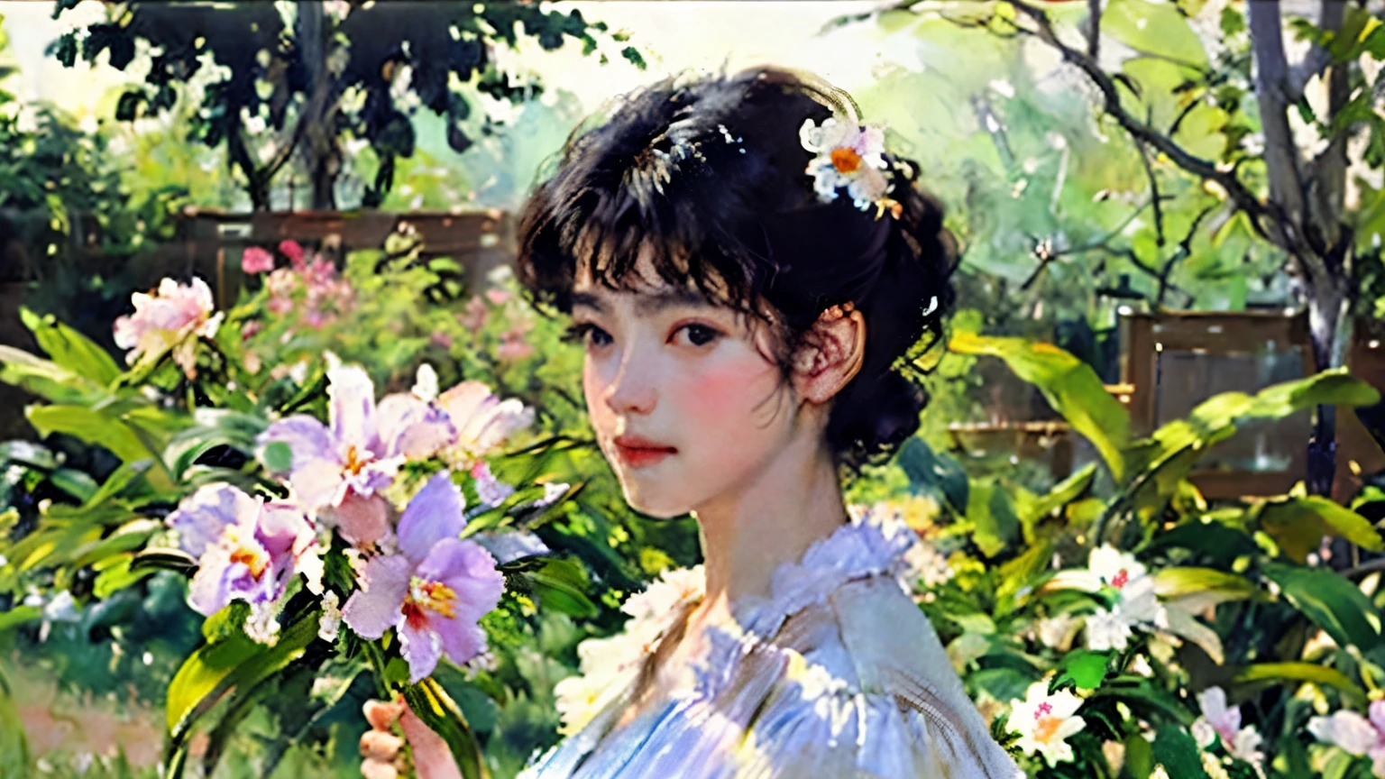  One Girl , 18 years old, (  woman in a white dress、手に持ったCattleyaの花)、Hair Up、 beautiful hairstyle 、  black hair,   detailed face 、break (Cattleya, Alone, Three Flowers, close-up,   full body , full bloom, nature,   Habitat   )、  written border depth, Cinematic lighting、 ray tracing、Soft light、 soft focus、Bokeh,  simple background、 blur the background  、  Sargent Style Watercolor 、Edmund Leighton Style 、 Herbert James Draper Style、 impressionist style、 8k, masterpiece,  top quality ,  high image quality、 detailed depiction 、wallpaper、