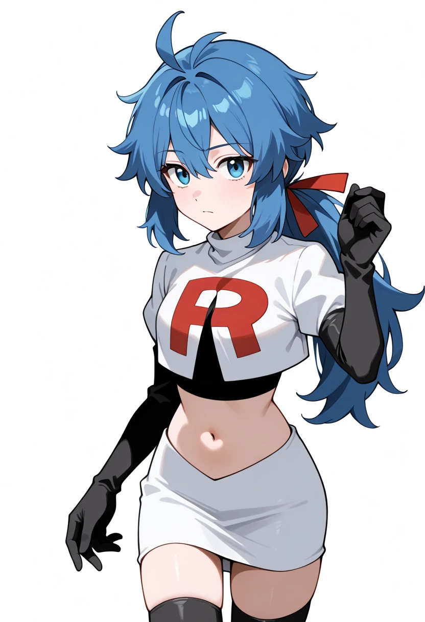 masterpiece, best quality, white background, looking the viewer, 
 1girl, blue hair, blue eyes, hair ribbon, ahoge, long hair, ponytail,  hair between eyes, red ribbon, navel, team rocket,team rocket uniform,white skirt,red letter R,crop top,black thigh-highs,black elbow gloves, cowboy_shot