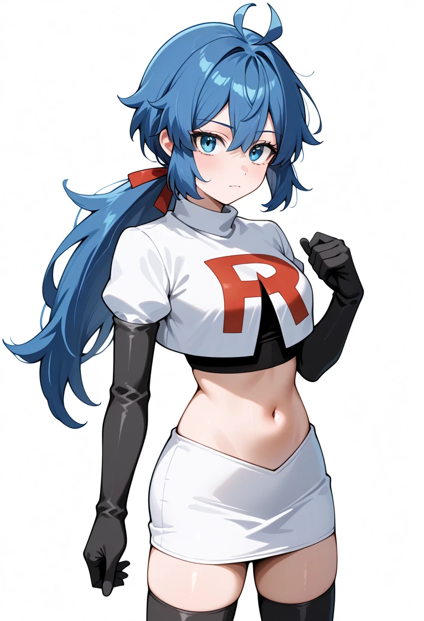 masterpiece, best quality, white background, looking the viewer, 
 1girl, blue hair, blue eyes, hair ribbon, ahoge, long hair, ponytail,  hair between eyes, red ribbon, navel, team rocket,team rocket uniform,white skirt,red letter R,crop top,black thigh-highs,black elbow gloves, cowboy_shot