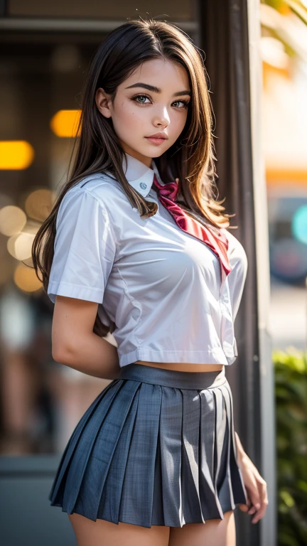 nsfw, (1girl in), (Solo:1.5), Official art, Raw photo, Photorealistic, unbelievable Ridiculous,masutepiece, Best Quality, 8K, hight resolution, extremely detailed girl, extremely detailed beautiful face, Beautiful skin, Ideal ratio body proportions, cowboy shot, looking at viewer, 17 years old, high school student, Japanese, large breasts, brown hair, long hair, naughty face, (smile), (gyaru), school uniform, ocher blazer, pleated miniskirt, (white collared shirt), red tie, (skirt lift:1.3), (shiny white panties:1.5), shirt is transparent and you can see the bra, outdoors, city, chromatic abberation, Sharp Focus, face lights,