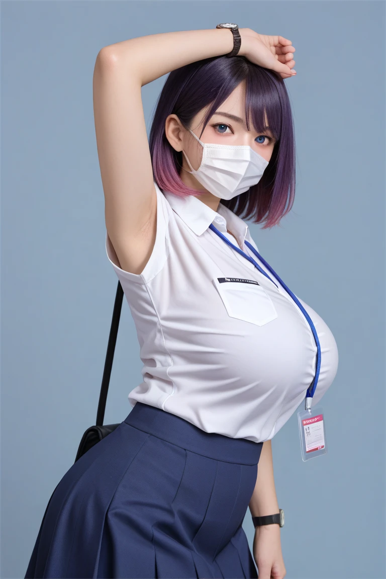 Source_9, source_8_up, source_7_up, masterpiece, photorealistic, detailed face, detailed skin, detailed eyes, BREAK, 1girl, solo, breasts, looking at viewer, blush, short hair, bangs, blue eyes, skirt, huge breasts, simple background, shirt, black hair, school background, standing, white shirt, purple hair, short sleeves, multicolored hair, sweat, collared shirt, pants, medium hair, armpits, bag, mole, arm up, mask, denim, watch, mouth mask, shirt tucked in, wristwatch, id card, armpit peek, bra visible through clothes, lanyard, presenting armpit, side view, from side, Indonesian School Uniform