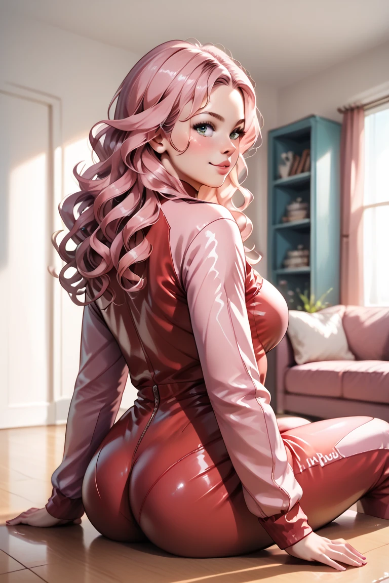 1 girl,  with long curly hair pink ,  sitting on your back ,  looking at the camera , posing. (Environment: a room, cozy, All pink .)  women's red jumpsuit very tight and placed on your body.