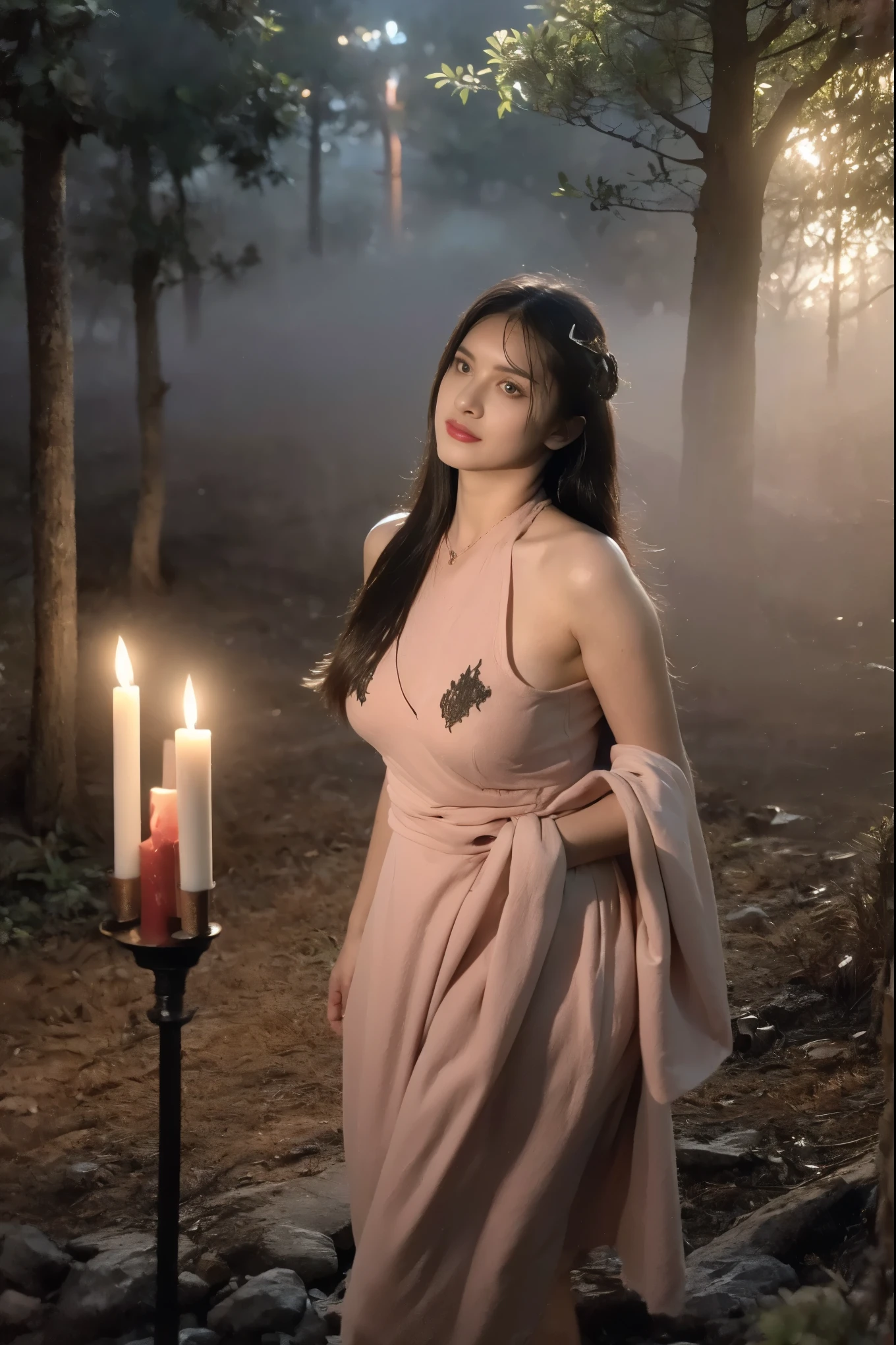 (masterpiece, best quality:1.2, 8k RAW photo, cinematic, high detailed photograph, natural soft lighting, photorealistic, realistic, mystic atmosphere), (((bare naked, fully nude))), a full body photograph of a young beautiful female forest witch with medium breast, ((( in a natural foggy forest, thick fog, holding a big candle, performing satanic sacrificial ritual, pentagram, summoning demons))), (heavy rain:1.5), temptating, seducing, hypnotizing viewer, (((mystical night scene, movie making, camera crew behind)))