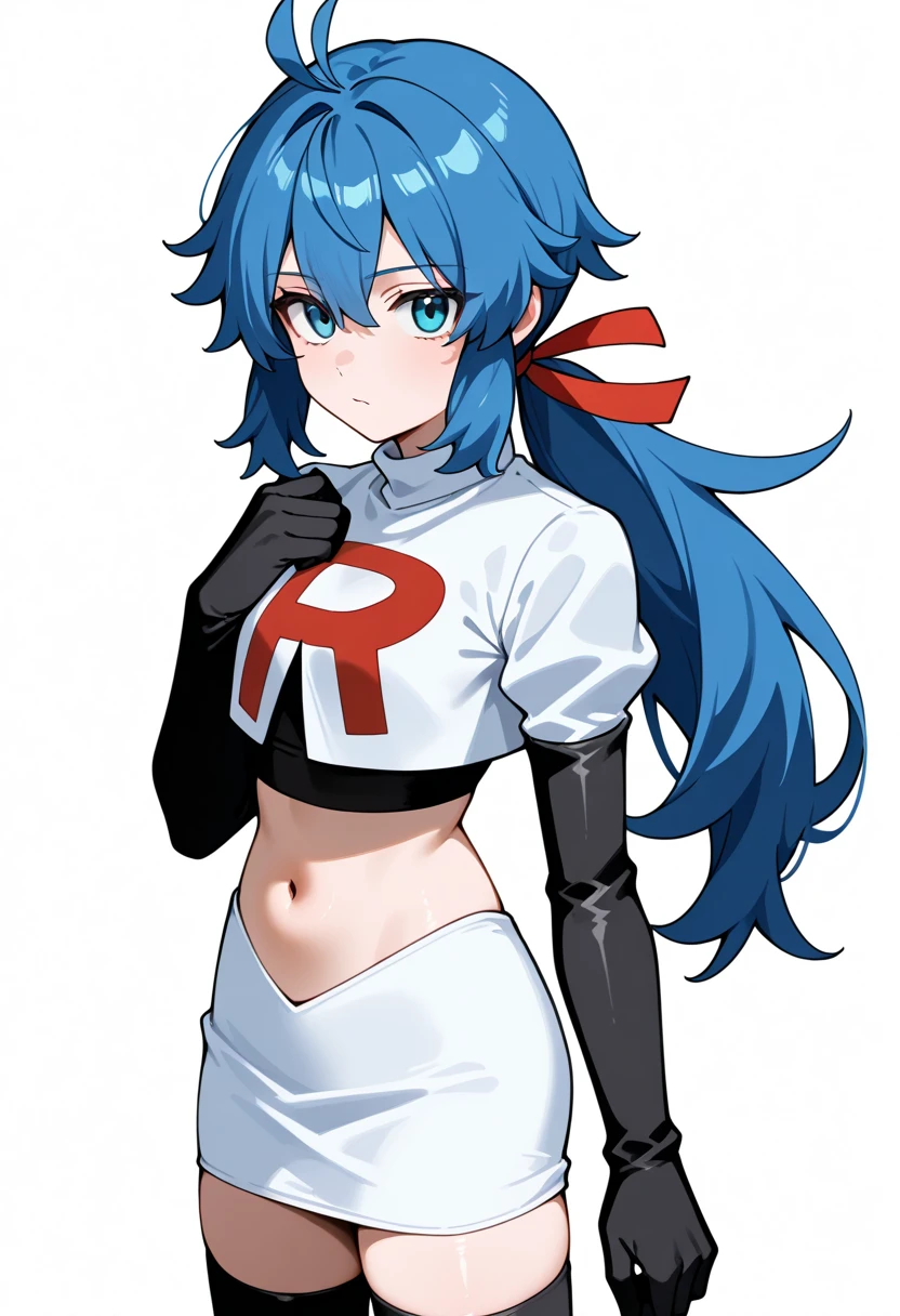 masterpiece, best quality, white background, looking the viewer, 
 1girl, blue hair, blue eyes, hair ribbon, ahoge, long hair, ponytail,  hair between eyes, red ribbon, navel, team rocket,team rocket uniform,white skirt,red letter R,crop top,black thigh-highs,black elbow gloves, cowboy_shot