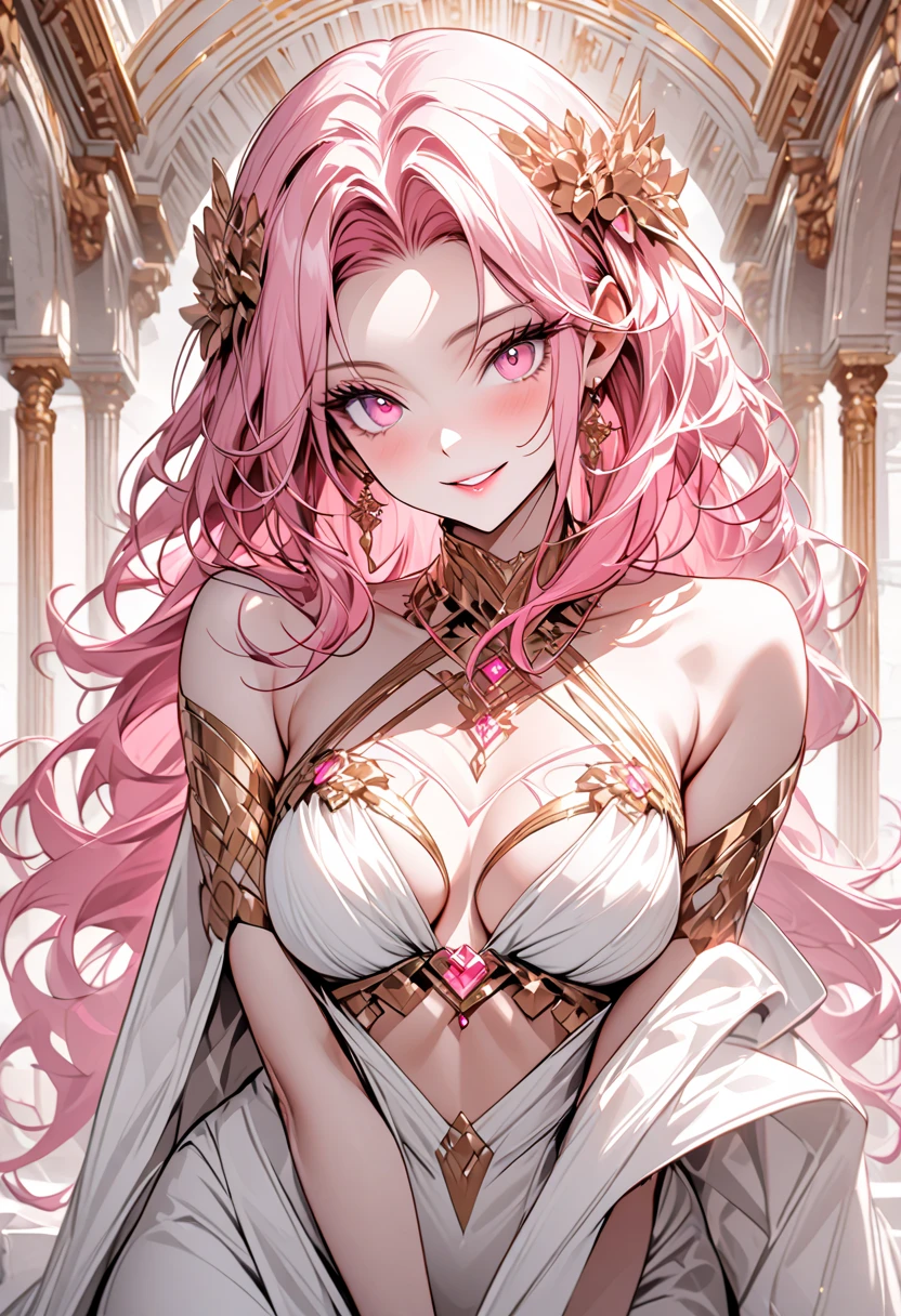 (photorealism:1.2), beautiful 1 girl, hentai anime digital art, pink curly long hair, pretty face, she is fully covered, wearing fantasy white, pink and gold princess royalty gown, very big breasts, slim waist, nice hips, background of a red royal room