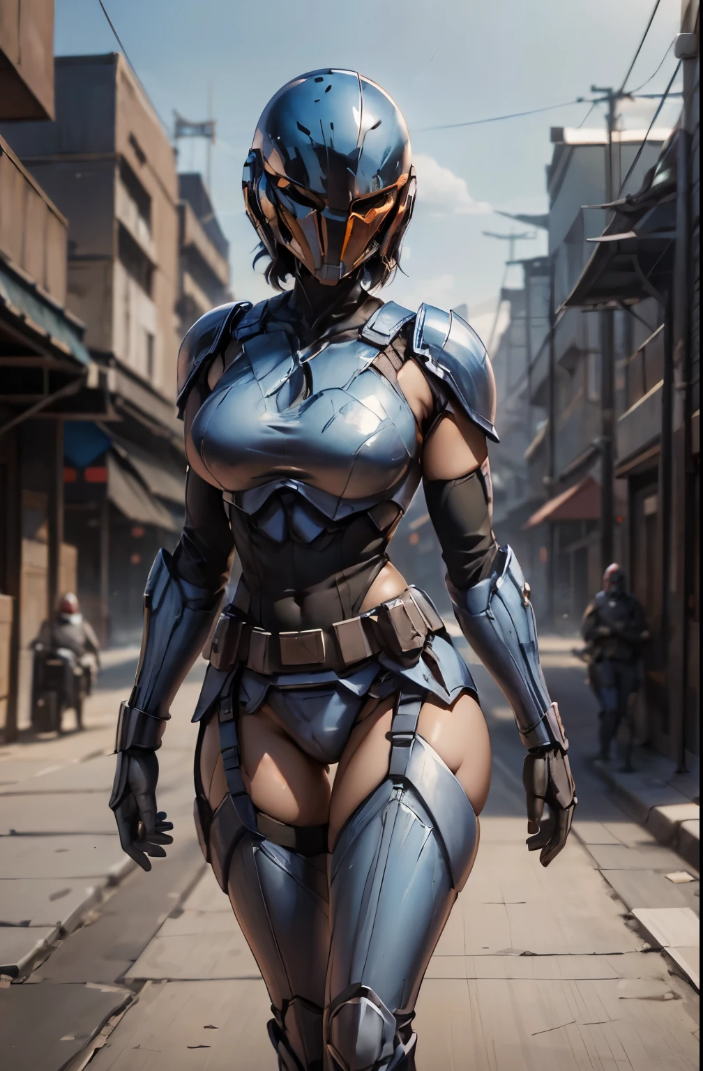 Star Wars Worldview ,Slimmingの女性戦士,Hold a Mandalorian helmet in your hand,Slender beauty,,Completely naked, garter belt,Mandalorian armor ,Slimming, Big Bust ,Gentle Eyes,Carrying a Mandalorian helmet, open your legs wide 