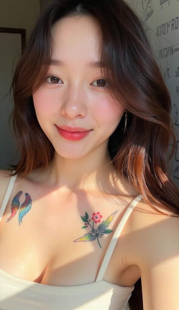 Close-up, selfie portrait of a young woman with shoulder-length, light brown hair.  Natural light illuminates her face, showcasing rosy cheeks and a subtle smile.  She is winking, conveying a playful, friendly expression.  Her ethnicity appears East Asian.  The subject's age is estimated to be in her late teens or early twenties.  She wears a simple, off-white, sleeveless top.  Multiple colorful, detailed tattoos adorn her chest and upper arms, including tattoos of wings, flowers, and abstract designs.  Composition is centered on the subject, with a slightly low camera angle.  The background is a muted, neutral palette, with hints of a patterned wall behind the subject.   Soft natural lighting creates a warm and inviting atmosphere. The mood is cheerful and friendly.  The overall style is casual and contemporary, with a slightly artistic touch.