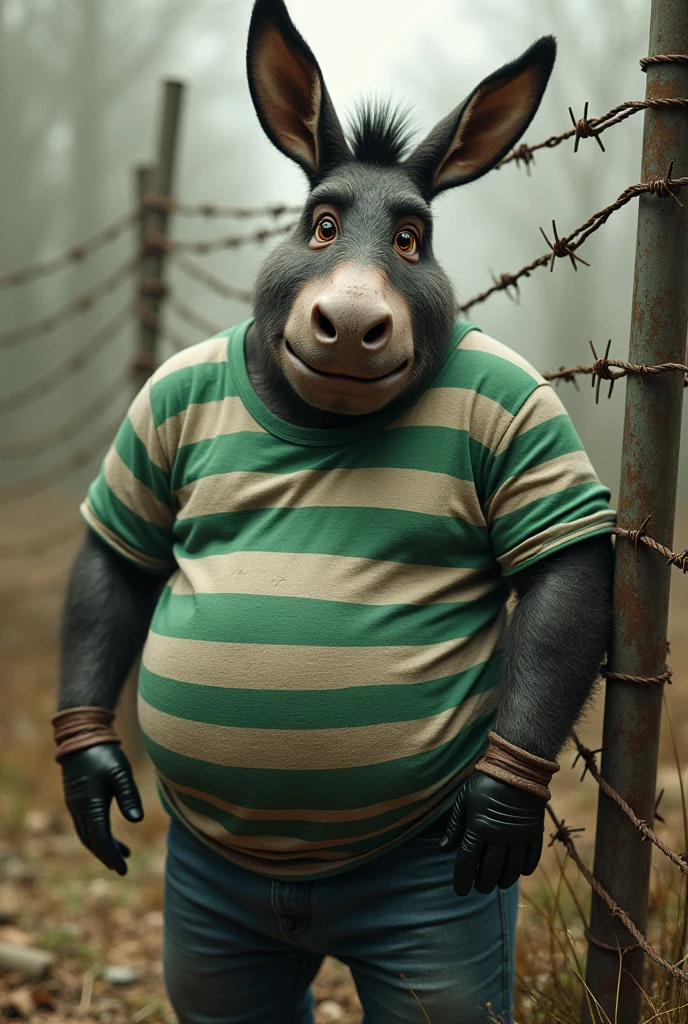 Fat man with donkey head green and white t-shirt tied to a barbed wire fence