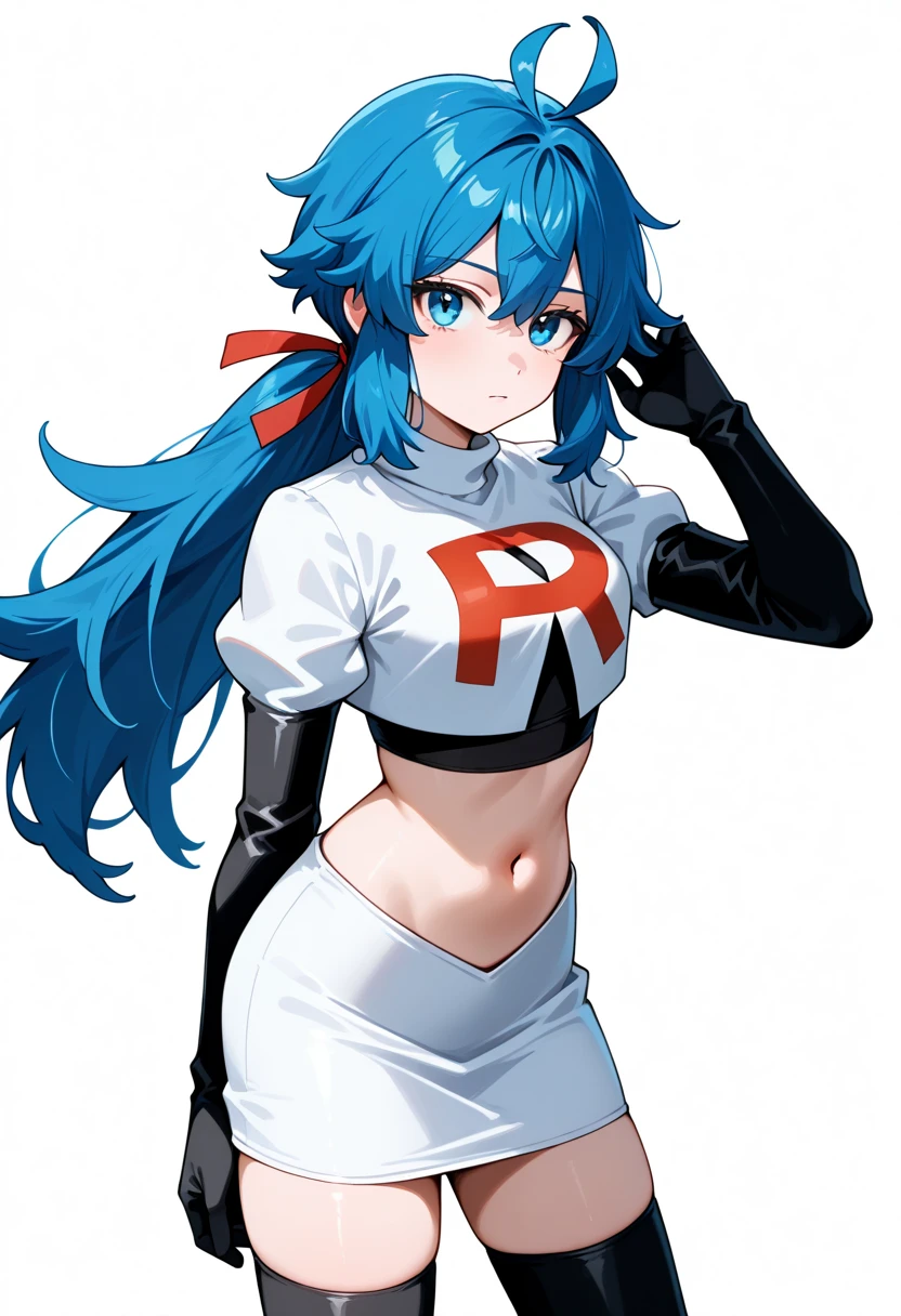 masterpiece, best quality, white background, looking the viewer, 
 1girl, blue hair, blue eyes, hair ribbon, ahoge, long hair, ponytail,  hair between eyes, red ribbon, navel, team rocket,team rocket uniform,white skirt,red letter R,crop top,black thigh-highs,black elbow gloves, cowboy_shot