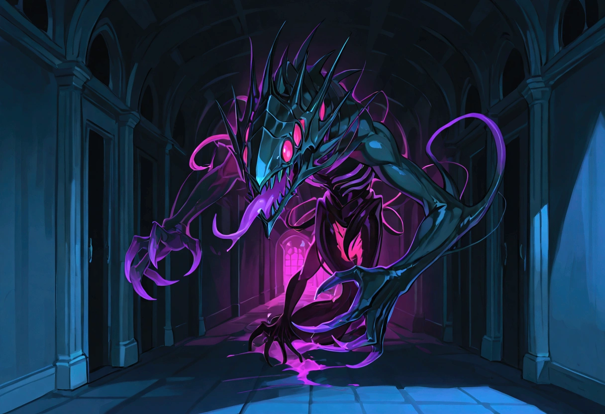 Eldritch nightmare monster with sharp teeth and long creepy limbs attacking brains in a haunted hallway