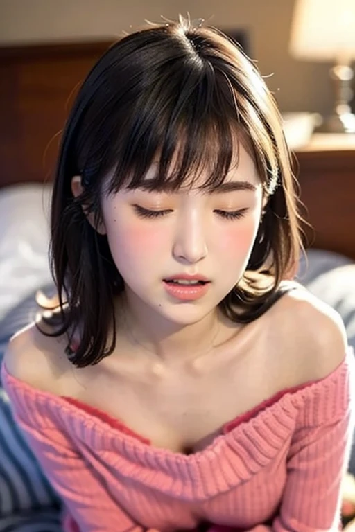   SEXY WOMEN ,  eyes closed ,  open her mouth , Very deep blush, Red nose tip, Long neck,  off-the-shoulder pink sweater,  medium breasts, Visible chest, bedroom, Warm lighting ,  lying on the bed,   Head On Pillow , Look up 