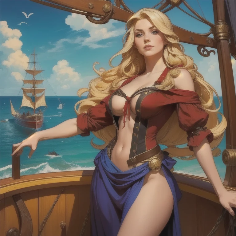  a girl with long blond hair, wild look, looking out to the sea from the bow of a  pirate ship ,  sexy body,  pirate ship , , proud expression,  masterpiece , detailed, maduro, vibrant colors,  high saturation, inspired by the character Valeria from Robert Ervin Howard's Red Brotherhood