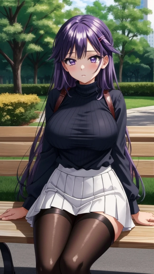 8k Masterpiece , highest quality,  High definition ,  very detailed face , detailed computer graphics, one,   girl , Chizuru-chan Kaihatsunikki, mature,  sexy ,  purple hair ,  long hair ,  hair clip ,   purple eyes, makeup, white turtleneck , black pleated leather skirt, fishnet stockings,  High-heeled leather shoes,,  large breasts ,  closed mouth , Fascinating dispassionality , With confidence,  enjoying , One, stylish pose, stylish corner,  Looking at the viewer ,  in the center of the image ,  cowboy shot , City Park sitting on a bench. anatomy is correct,  perfect face,  perfect hair ,  perfect eyes ,  perfect body,  perfect breasts, perfect hands, flawless skin
