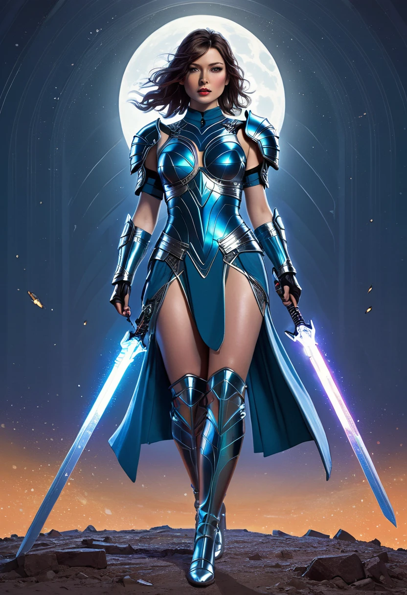 Realistic design developed and illustrated in the style of a 1975 (sci-fi) magazine,A fierce female warrior stands on a battlefield under a star-filled sky, wearing a backless dress made of shimmering metallic threads that reflect the moonlight. Her shoulders are adorned with spiked armor, and she holds a glowing, futuristic energy sword. The dress’s delicate elegance starkly contrasts with the chaos of the battlefield, where robotic soldiers lie defeated. Behind her, a neon-lit spaceship hovers ominously, casting colorful shadows on the broken ground. detailed beautiful female warrior , artistic 4 k, 8k high quality detailed art, extremely high quality artwork, by Dahlov Ipcar, detailed painting 4 k, stunning art style, by Wylie Beckert