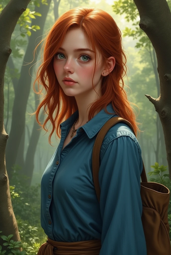 Young red-haired boy with emerald green eyes, long hair, delicate face with small scars, brown skin. Around 25 years old