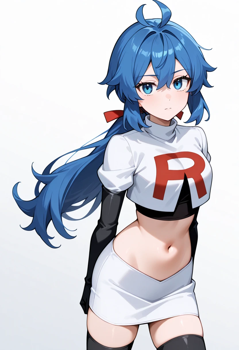 masterpiece, best quality, white background, looking the viewer, 
 1girl, blue hair, blue eyes, hair ribbon, ahoge, long hair, ponytail,  hair between eyes, red ribbon, navel, team rocket,team rocket uniform,white skirt,red letter R,crop top,black thigh-highs,black elbow gloves, cowboy_shot