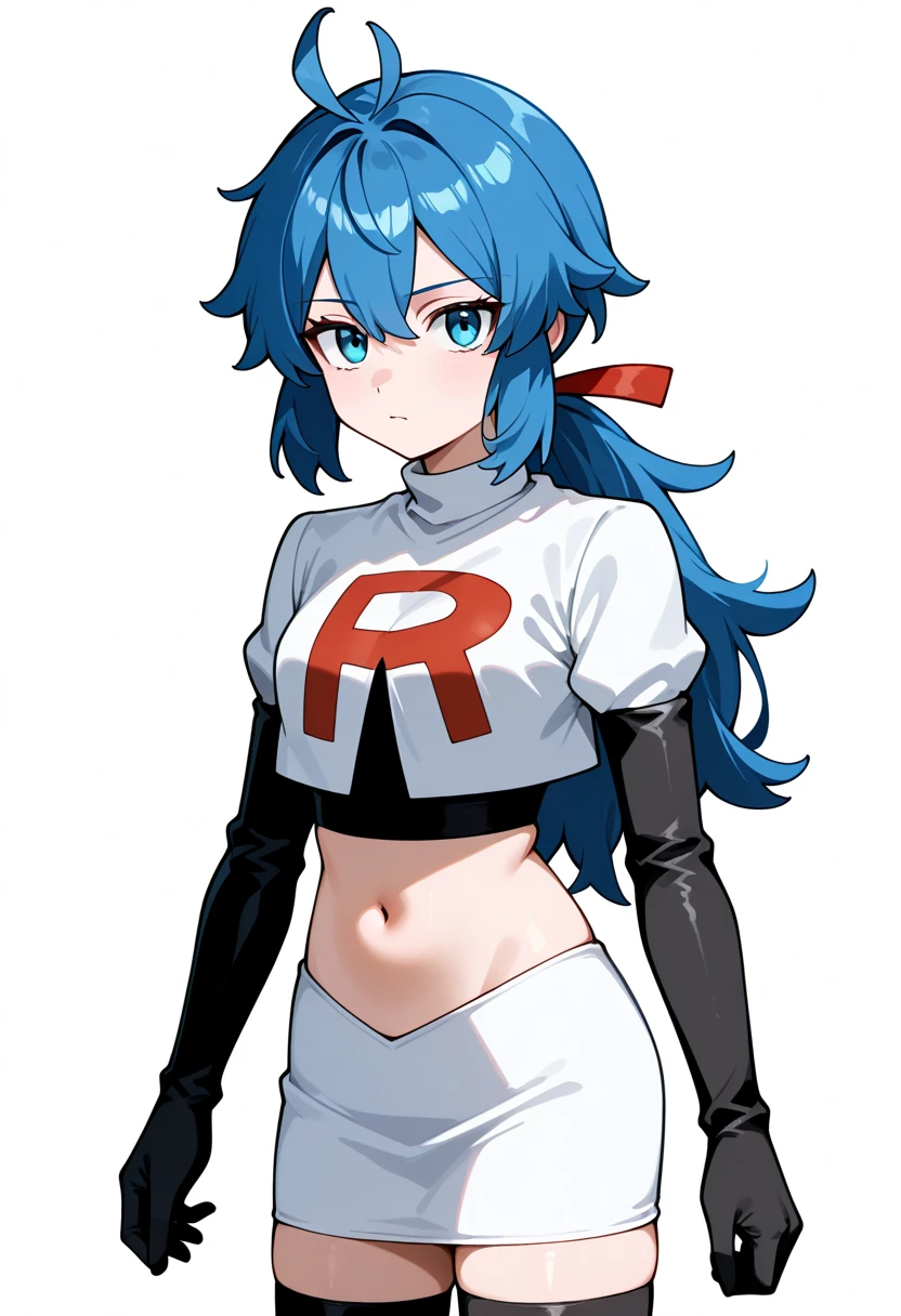 masterpiece, best quality, white background, looking the viewer, 
 1girl, blue hair, blue eyes, hair ribbon, ahoge, long hair, ponytail,  hair between eyes, red ribbon, navel, team rocket,team rocket uniform,white skirt,red letter R,crop top,black thigh-highs,black elbow gloves, cowboy_shot