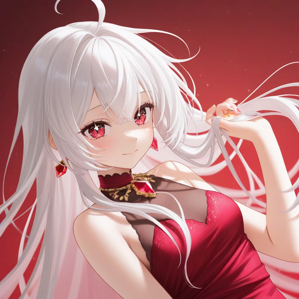  girl in red dress　 long white hair — sparkling hair 　Hold a jewel and look at it 　 face up　There are lots of red jewels floating around the girl