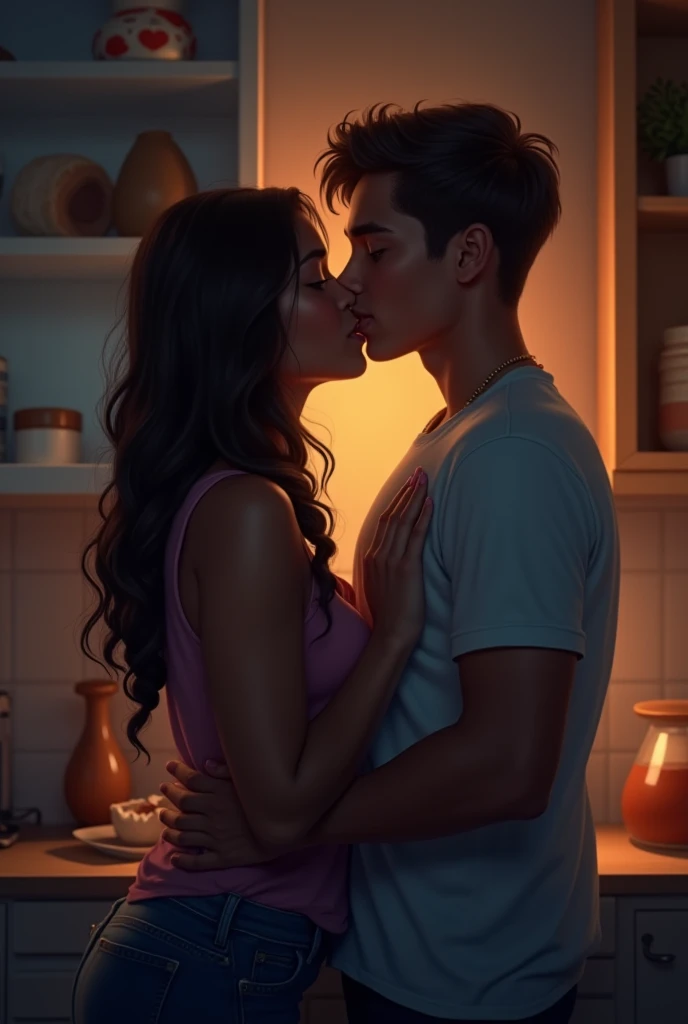 Indian 40 year old tall Chubby woman wears tshirt and slacks lip kissing with and Indian short height slim clean shave man, in the kitchen.