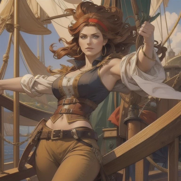 a 30-year-old pirate captain with wavy red hair up to her shoulders , a red headband , big gold earrings, a loose white long-sleeved blouse , a brown leather vest , a belt with a large square buckle , long brown pants , frayed leather boots , holding a cleaver in a dramatic pose on the deck of a pirate ship in the Caribbean, colorful, Vivid, photorealistic , 8k, masterpiece