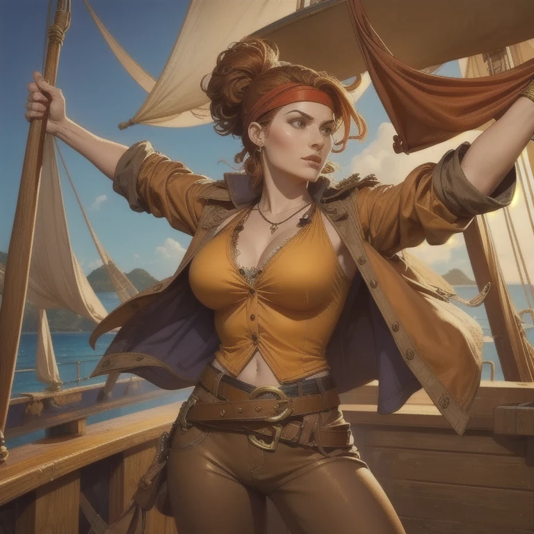  a 30-year-old pirate captain with wavy red hair up to her shoulders , a red headband , big gold earrings,  a loose white long-sleeved blouse ,  a brown leather vest ,  a belt with a large square buckle ,  long brown pants ,  frayed leather boots ,  holding a cleaver in a dramatic pose on the deck of a pirate ship in the Caribbean, colorful, Vivid,  photorealistic , 8k,  masterpiece 