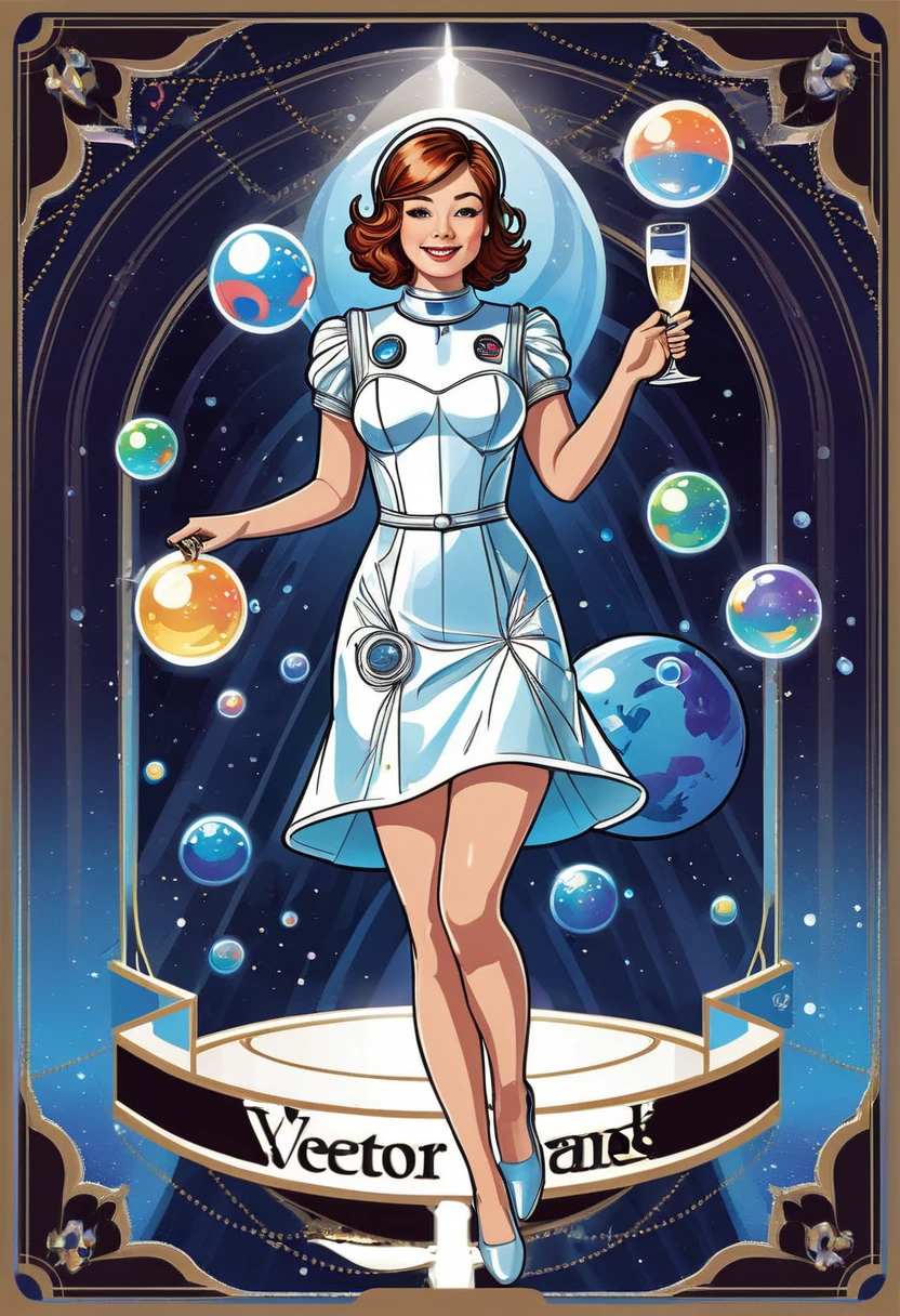 Realistic design developed and illustrated in the style of a 1975 (sci-fi) magazine，Vector illustration showing an astronaut in a dress floating weightlessly inside the space station with a floating tray of champagne bubbles and a robotic assistant wearing a stylish backless dress made of reflective holographic fabric. Spine glowing pattern, POP outer space background, rockets, stars and planets, cartoon, top quality, masterpiece, Adobe Illustrator, drawn with thick lines, cute, popular, cast a colorful spell, nice background picture, masterpiece, greatest masterpiece, light and shadow, well drawn, bright colors, fantasy, fantasy, rendering, magical elements, break