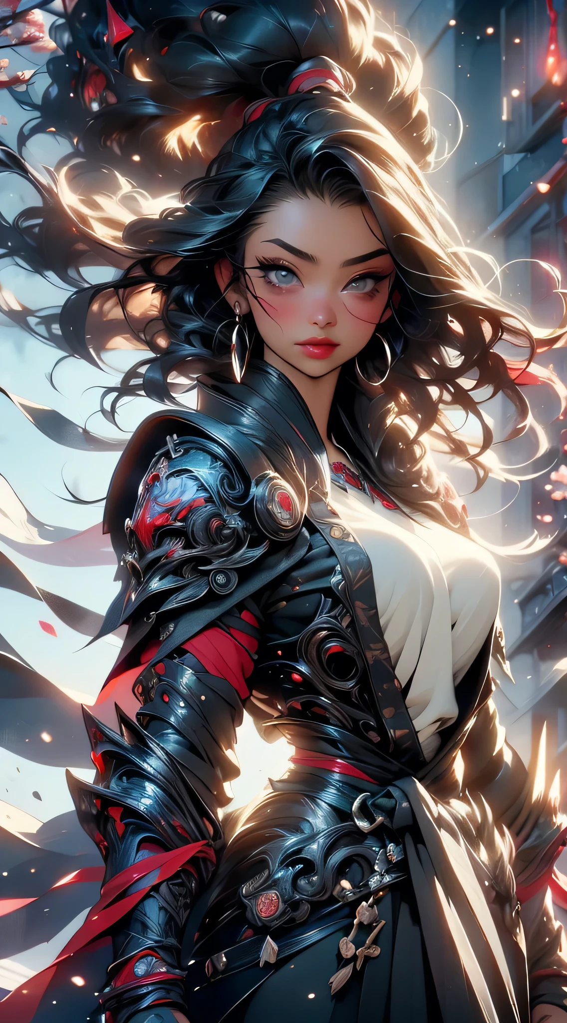 perfect masterpiece, EXTREMELY DETAILED UNITY CG UHD QUALITY WALLPAPER , photorealistic , RAW photo, Perfect photogenic clarity, official art , award-winning portrait, Ultra hiperrealista, Ultra hiperdetallado, BRIGHT REALISTIC SKIN, formal Spiderman costume with ray tracing , unreal engine 5 .8K, bright ambient light, The most beautiful and sexy samurai warrior girl ., very long black hair , Vibrant moonlight eyes , long and detailed eyelashes, blush, full, puckered pink lips, curvy body type , Full hips , super large hugely gigantic , bare neckline, gigantic burst , Wearing highly detailed samurai battle armor with the sashimono war flag, ( Leaning forward arching her back in a sexy and seductive slut pose .:1.3), looking at the viewer, full body portrait, cowboy shot depth of field , Sexy facial expression, seductive and provocative, Cherry blossoms floating in the wind , cosmic aesthetic atmospheric feudal Japan background