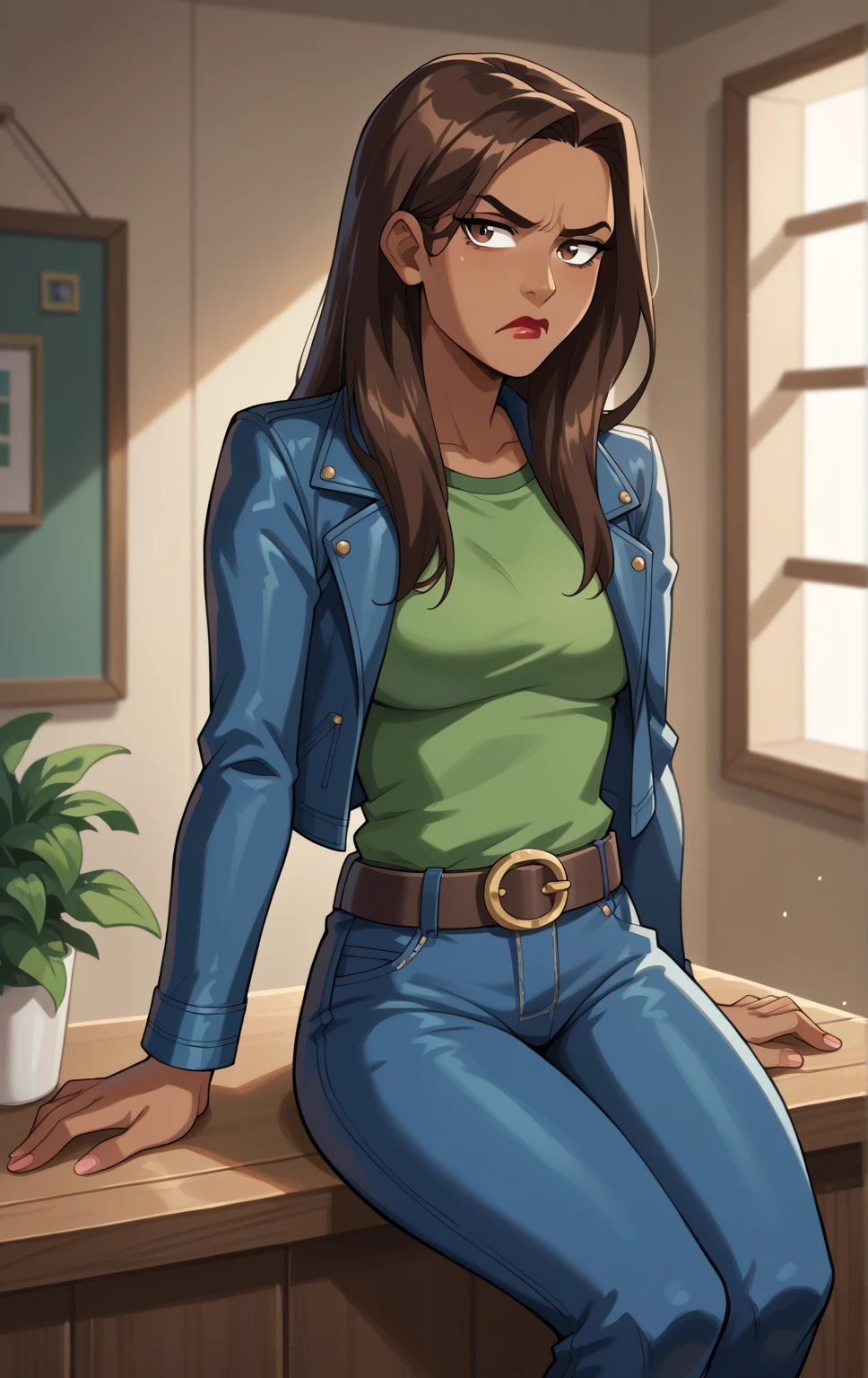 score_9,score_8_up,score_7_up BREAK WhiteTigerMarlo,1girl,solo,long hair,brown hair,brown eyes,belt,dark skin,dark-skinned female,lipstick, cowboy shot,room,room background,sitting, blue pants, leather jacket over green shirt, annoyed exporession 