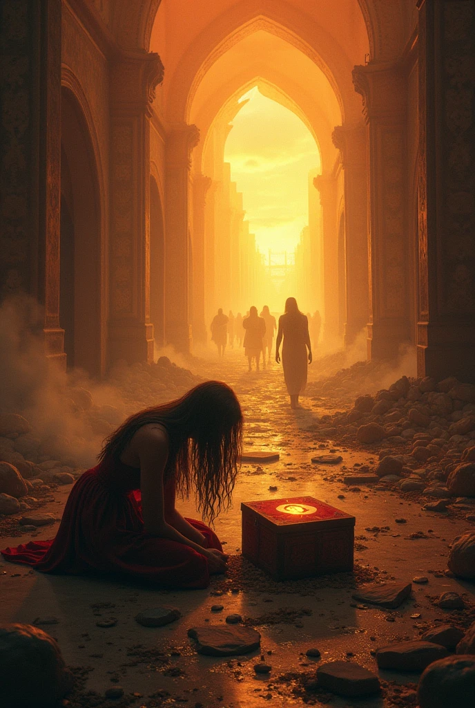 Woman in dress crying sitting in a corner with chains on her feet while man watches her from afar with the world burning drawing 

