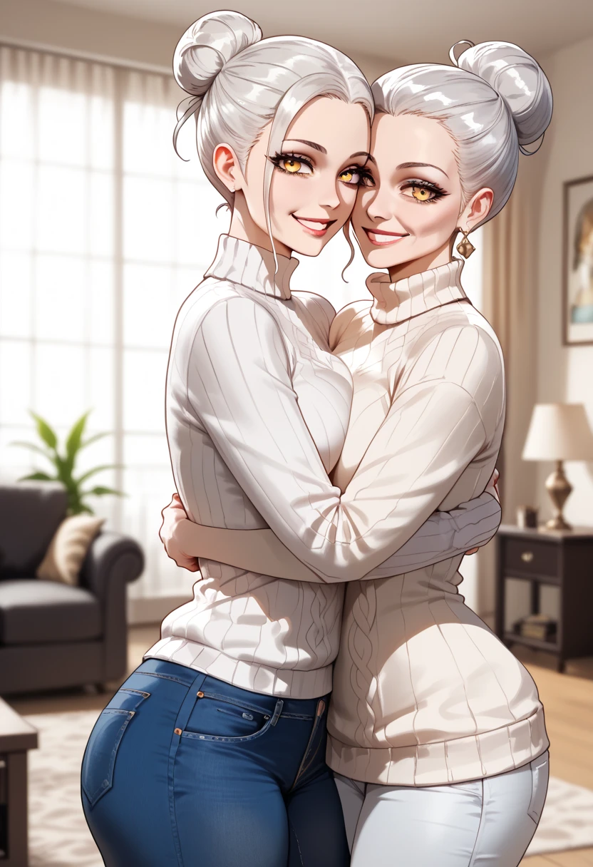 masterpiece, best quality, ((2women:1.3)), (closeup), 22yo, slim, small breast, naked breast, nipple, open sailor suit, Inside the room, hugging, lode, smile, grey, desolate, dark, watercolor,