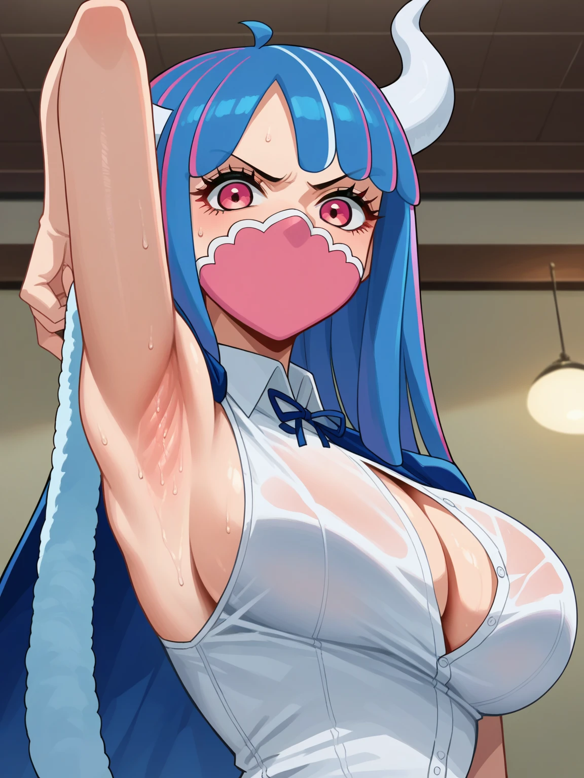 Close one eye, open mouth, stick out tongue, blowjob, milky liquid, facial bukkake, Yukari,One girl,alone,retro artstyle,White Background,ponytail,Bunny girl simple background,Tea hair,1990s (style),Long Hair,Brown eyes,Head tilt Big breasts Thighs Sailor uniform Naked lower body No skirt