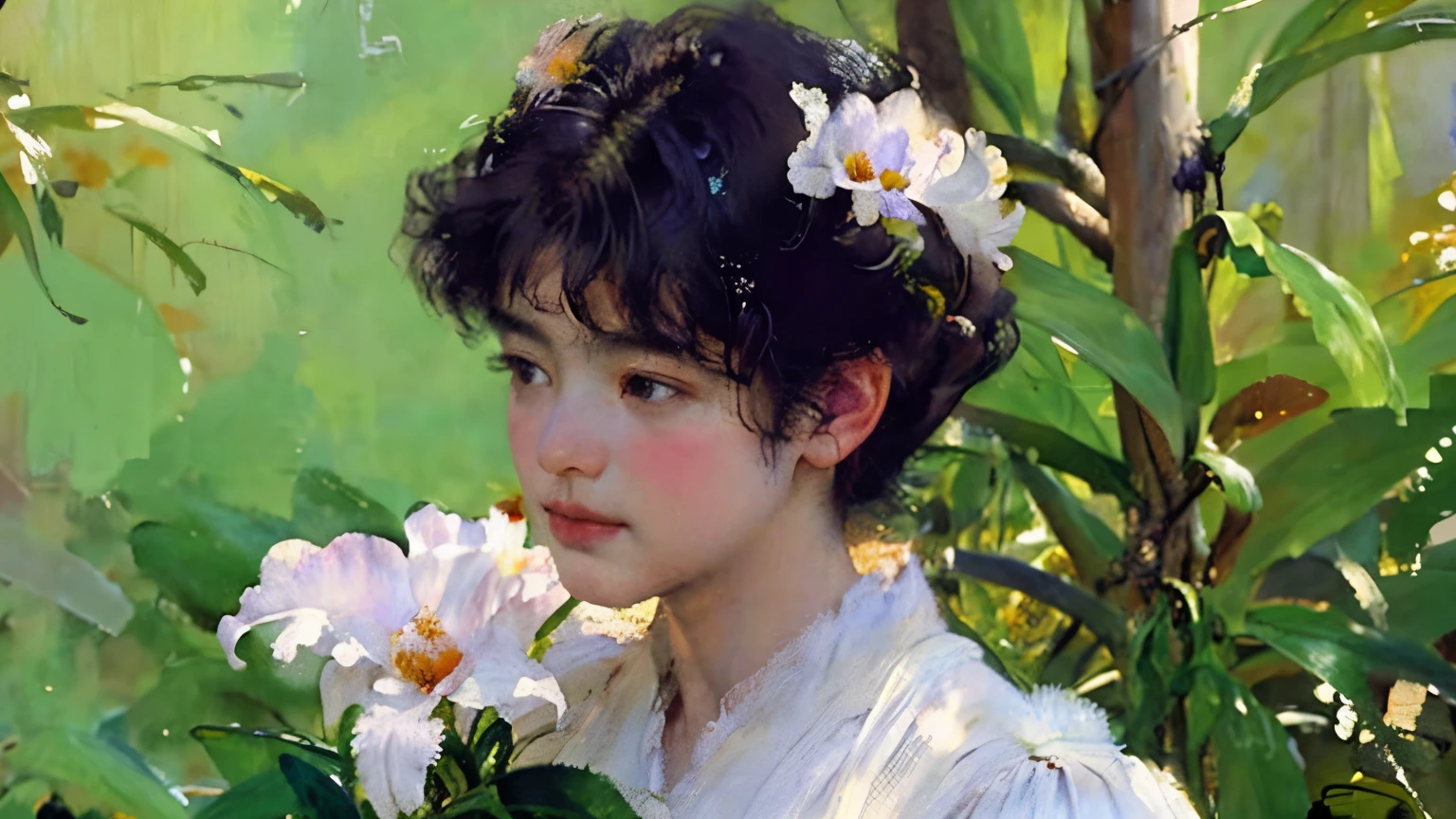 (Cattleya, Alone, Three Flowers, close-up, full body , full bloom, nature, Habitat )、 One Girl , 18 years old, ( woman in a white dress、手に持ったCattleyaの花)、Hair Up、 beautiful hairstyle 、 black hair, detailed face 、 written border depth, Cinematic lighting、 ray tracing、Soft light、 soft focus、Bokeh, simple background、 blur the background 、 Sargent Style Watercolor 、Edmund Leighton Style 、 Herbert James Draper Style、 impressionist style、 8k, masterpiece, top quality , high image quality、 detailed depiction 、wallpaper、
