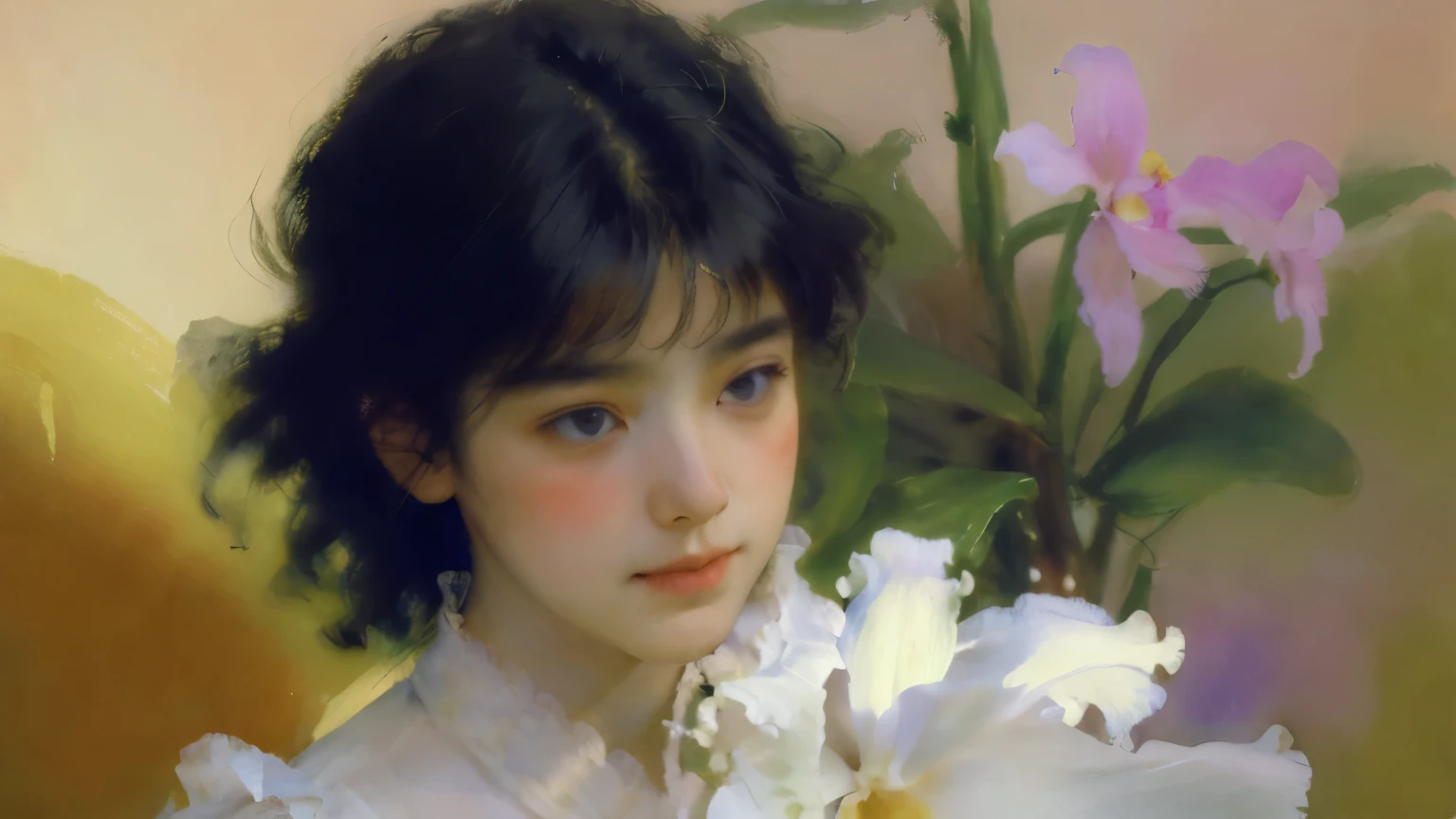  (Cattleya, Alone, Three Flowers, close-up,   full body , full bloom, nature,   Habitat   )、  One Girl , 18 years old, (  woman in a white dress、手に持ったCattleyaの花)、Hair Up、 beautiful hairstyle 、  black hair,   detailed face 、 written border depth, Cinematic lighting、 ray tracing、Soft light、 soft focus、Bokeh,  simple background、 blur the background  、  Sargent Style Watercolor 、Edmund Leighton Style 、 Herbert James Draper Style、 impressionist style、 8k, masterpiece,  top quality ,  high image quality、 detailed depiction 、wallpaper、