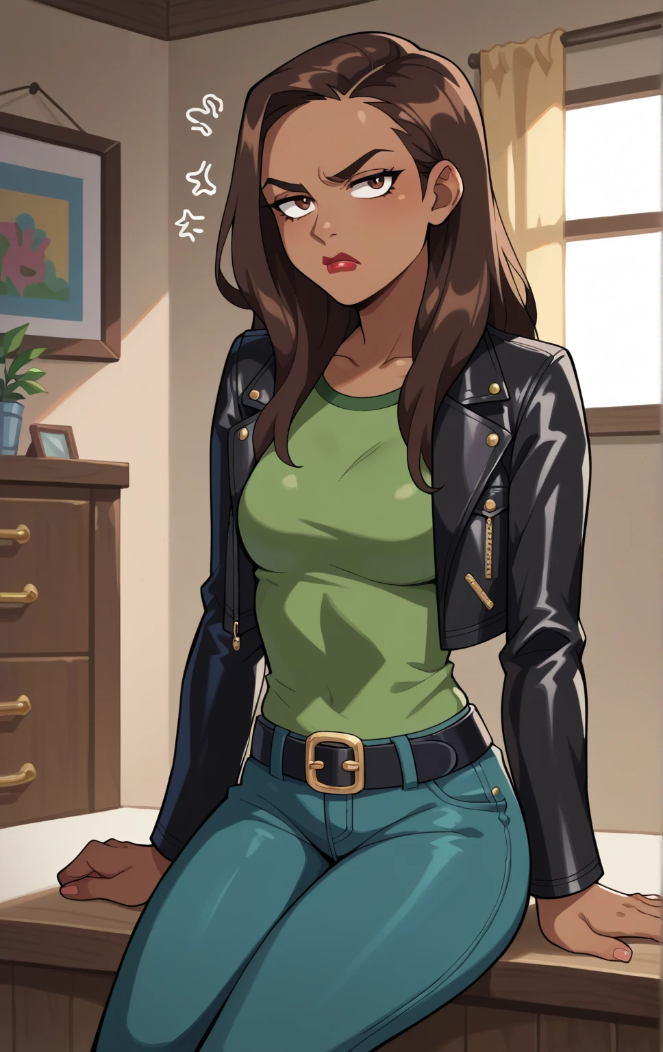 score_9,score_8_up,score_7_up BREAK WhiteTigerMarlo,1girl,solo,long hair,brown hair,brown eyes,belt,dark skin,dark-skinned female,lipstick, cowboy shot,room,room background,sitting, blue pants, black leather jacket over green shirt, annoyed exporession 