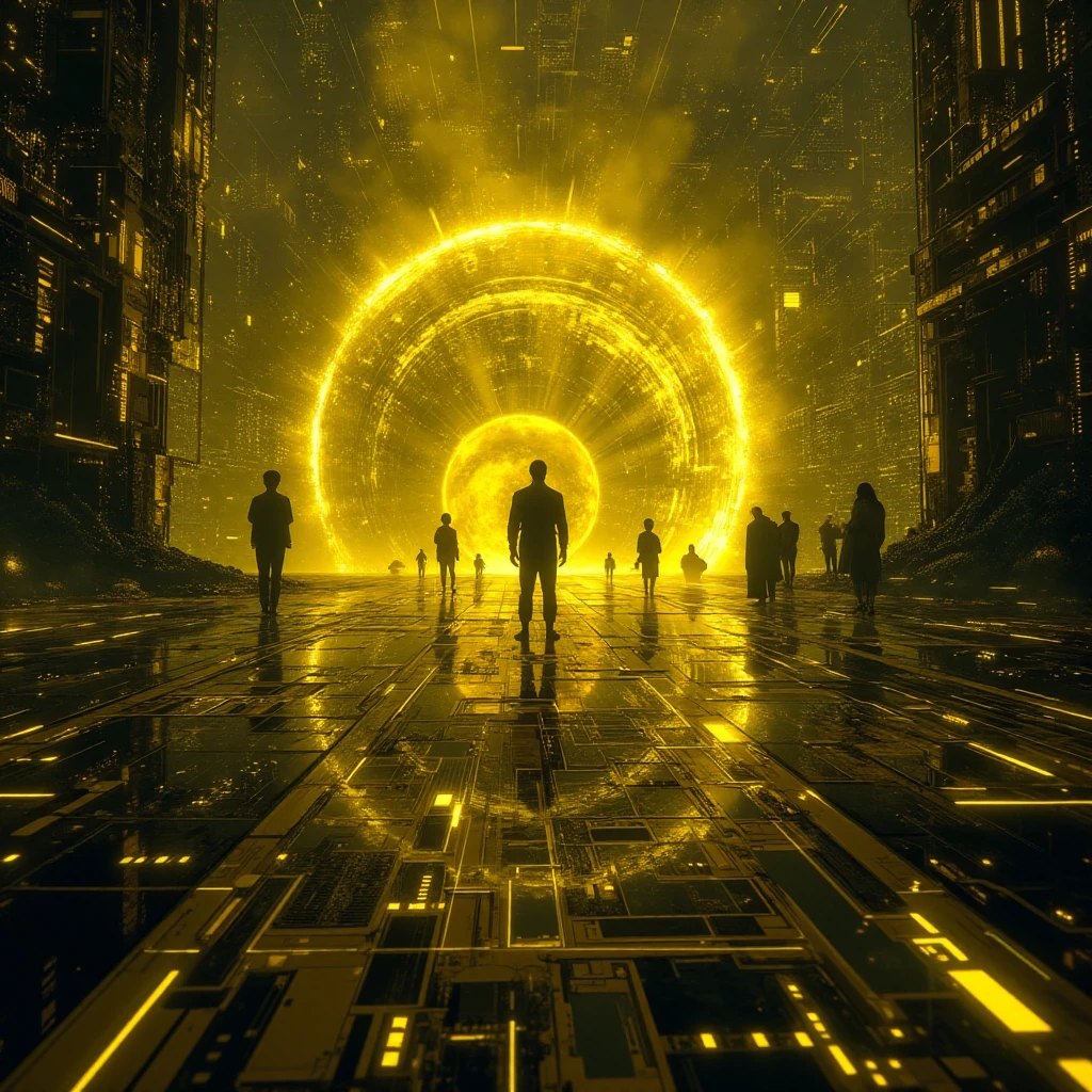 Cyber ​​world, events in digital space, main colors yellow and black, cyber metaverse, creation of souls, floating souls, perspective from above, time management space, future of fantasy space, super slow motion camera,