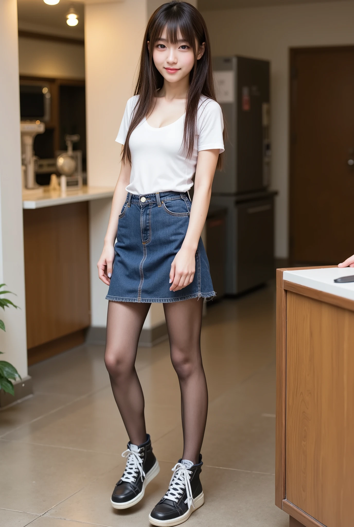 super real , photorealistic , she looks very happy , shadow, Global Pi Illuminations , alone, (Teenage Japanese Girl:1.5), very beautiful and delicate Japanese girl ,  black hair、very beautiful、 smile , slim, beautiful legs ， surimi waist 、  jacket、blouse、 、 Thin pantyhose、 white sneakers、 facing forward， full body photo ，

