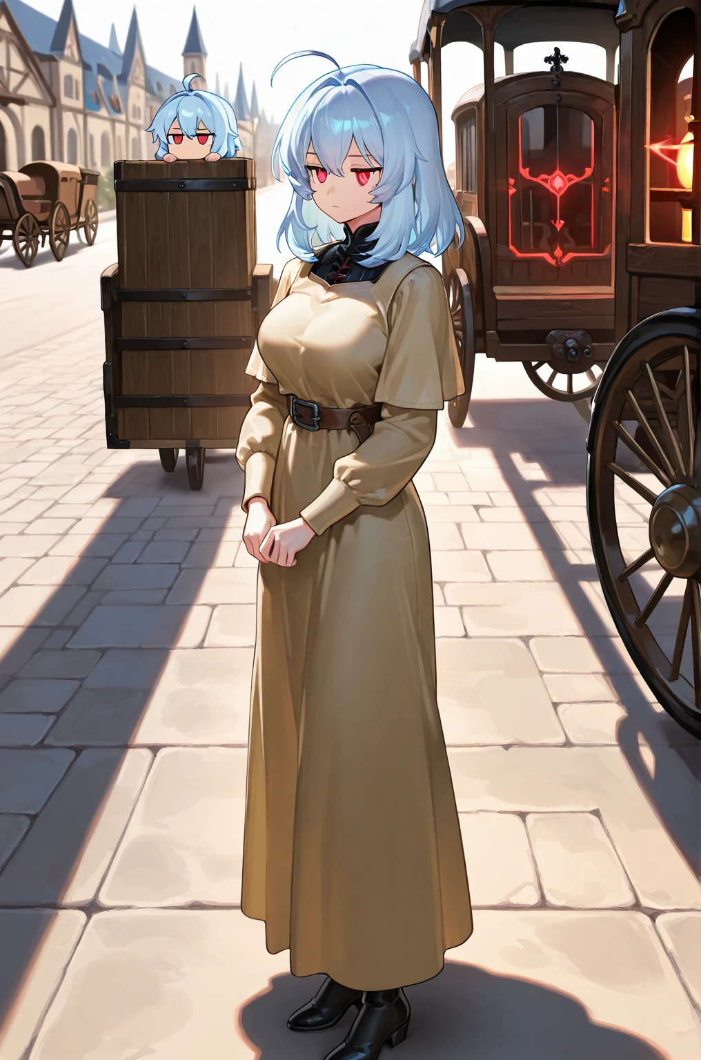 masterpiece,  best quality, A woman with light blue hair,(ahoge), ((medium hair:1.3)),cold gaze, (jitome:1.3),fair-skinned beauty,(glowing red eyes:1.1),expressionless,(big breasts:0.7),full body,medieval Europe,road,carriage