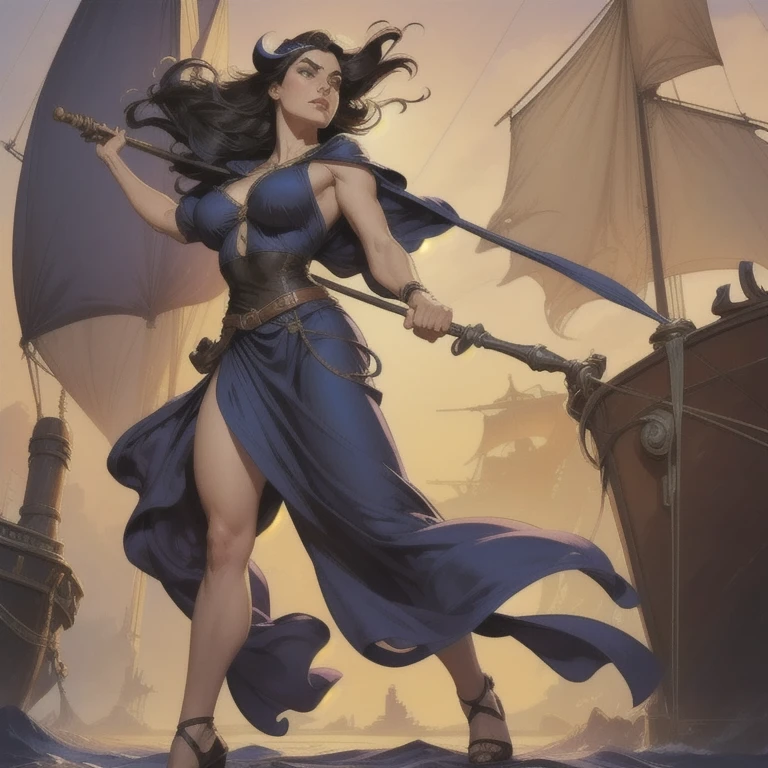 (sfw)Art richly inspired by John Buscema,1woman with long, disheveled black hair, wild eyes,  medium breasts,  fine winding, dressed as a fierce buccaneer standing on the bow of her ship wielding a sharp sabre, Imposing and seductive, beautiful woman,detailed scene, full body 