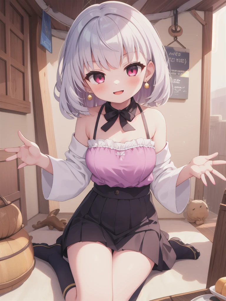  Masterpiece ,  best quality,  1 girl,,  inviting with open arms, Sitting on the sofa, Watch viewers from the front 、 excited,  high res,  mean smile , Mouth slightly open、 big boobs, ,  camisole,  skirt ,  ,  surprise, White Hair,White thighs