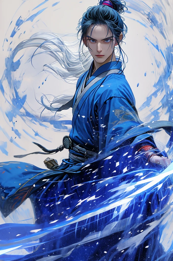 A towering and majestic figure representing Nan Wansheng from "Against the Gods" by Gravity Mars. He stands tall and athletic, exuding an aura of power and authority. Nan Wansheng has angular facial features with a strong jawline, piercing eyes that reflect determination and wisdom, and a serious expression. His hair is black with subtle blue and silver highlights, medium to long in length, styled in a slightly tousled manner with some strands loosely framing his face.

He is dressed in a blend of traditional Chinese attire and modern tactical gear. His outfit is predominantly black and gray, accented with silver and red details. The fabric is sturdy yet elegant, adorned with subtle dragon patterns and mystical symbols. He wears a utility belt with various pouches and accessories, including bracelets and a necklace that signify his status and abilities.

Nan Wansheng is depicted in a mystical battlefield setting, with ethereal energy swirling around him. The background features mist-covered mountains and glowing crystals embedded in the rocky terrain. He holds a sleek, mystical sword that emanates a soft blue glow, indicating its enchanted nature. Around him, faint auras and energy effects highlight his supernatural powers, creating a dynamic and epic atmosphere.

The lighting is dramatic, with highlights emphasizing his hair and the intricate details of his attire. The overall composition exudes strength, mystery, and an otherworldly presence, capturing the essence of Nan Wansheng's character,(long, flowing black hair with blue and silver highlights:1.8), (slightly tousled hair:1.5),(traditional Chinese attire with modern tactical gear:1.5), (black and gray colors with silver and red accents:1.5), (intricate dragon patterns:1.3), (mystical symbols:1.2),(mystical battlefield:1.5), (mist-covered mountains:1.3), (glowing crystals:1.2), (ethereal energy effects:1.4),(enchanted mystical sword with blue glow:1.6), (faint auras:1.4), (dynamic and epic atmosphere:1.5)




