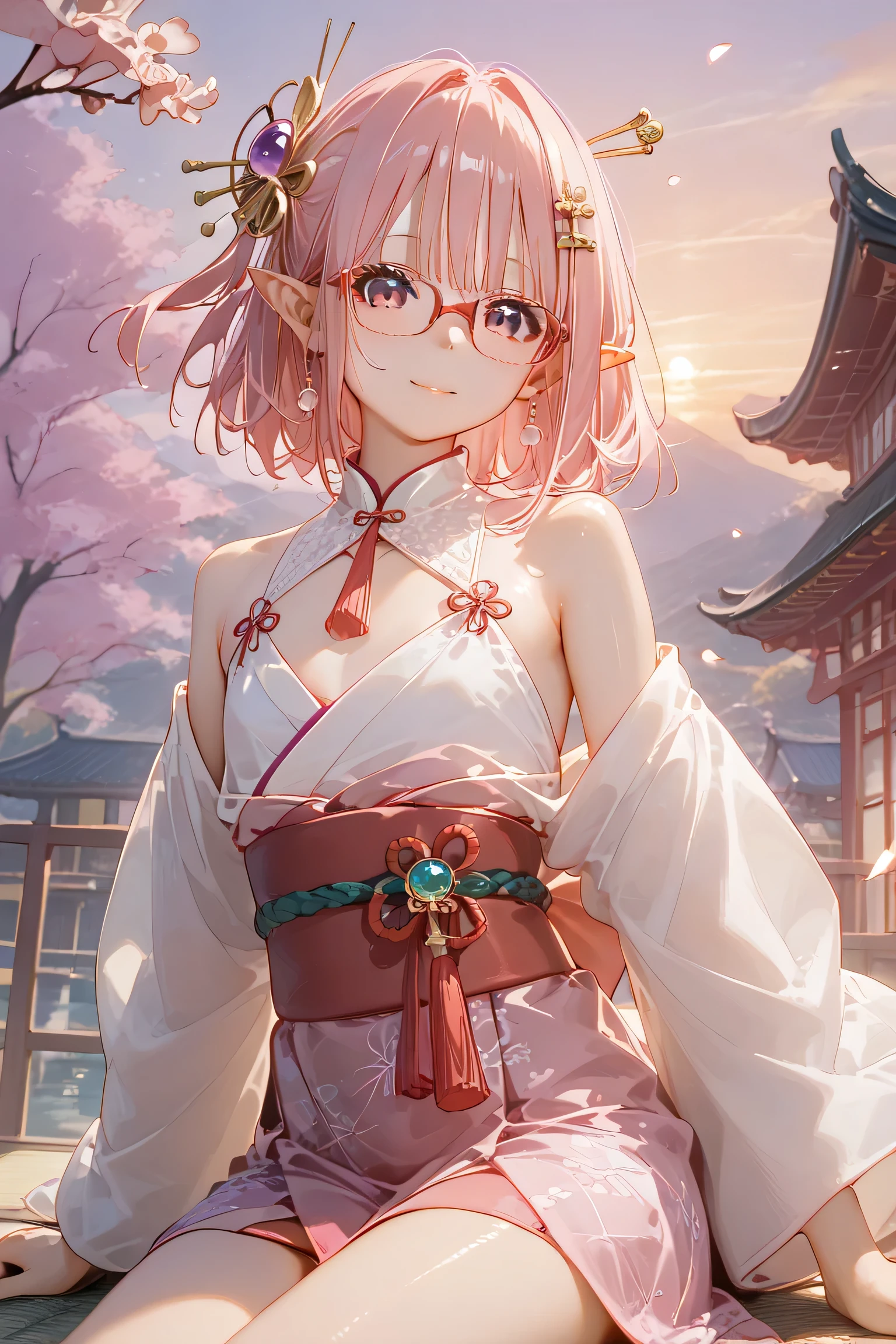 solo、One Womanの子、((( 、、Flat Chest、4th degree、Slim body、 、Lori:1.６))) One Woman ,((( pretty girl )))、 short bob hair、 rookie pink hair、  red glasses、  magenta eye 、Elf Ears:0.5、((( pretty girl )))、Hair extensions、 rookie pink hair、  red glasses、  magenta eye 、Elf Ears:0.5、 short bob hair((( cute girl)))(((new year、First sunrise of the year、kimono:2、Hairpin、hair ornament back view 、look at me)) backlit、Glow： 2、Pale Light、Particles of light：2) turtleneck、full sleeve 、 discreet clothing )Fine fabric、 high collar 、Cover arms and legs