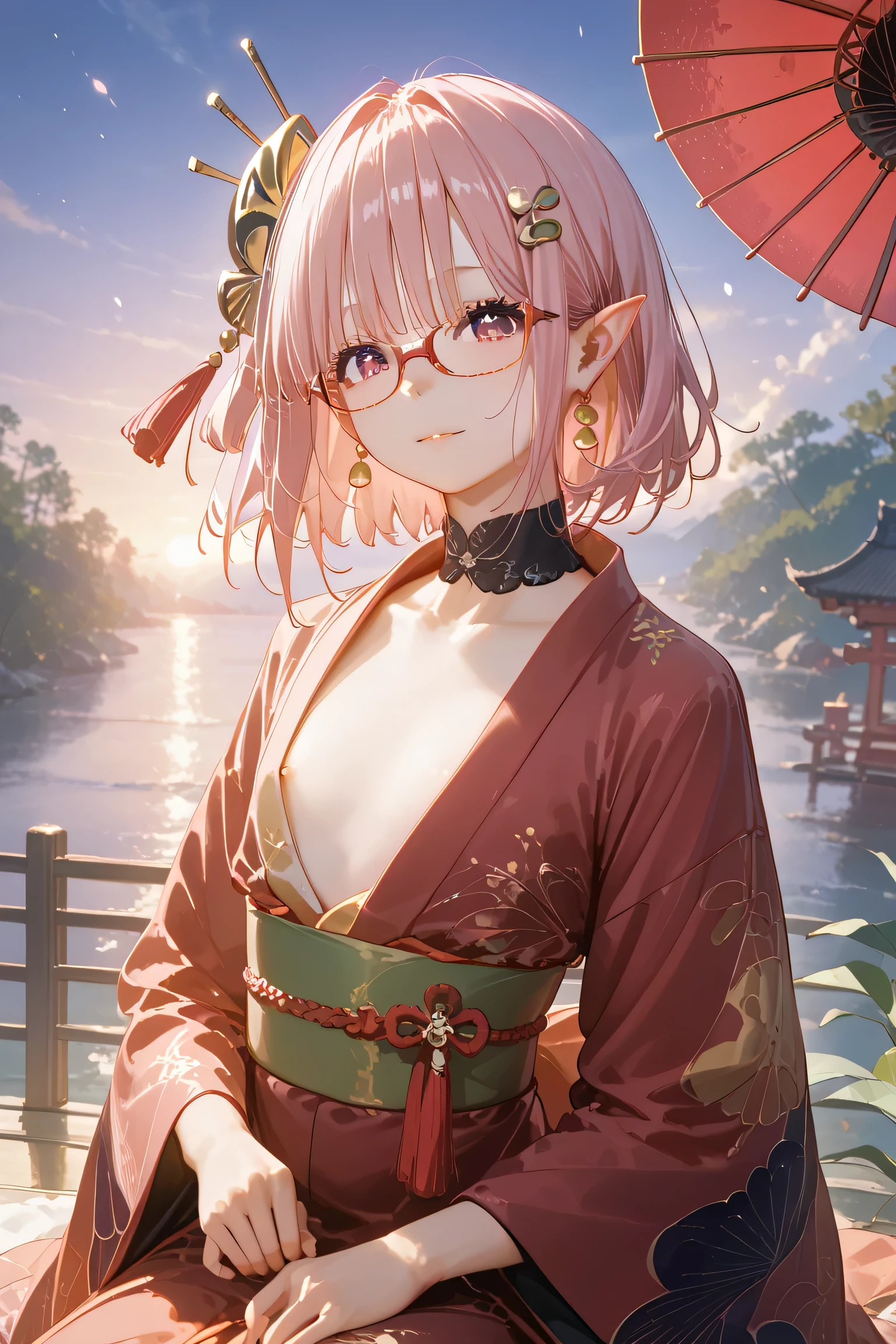 Alone、One Woman'、((( ８age、Flat Chest 。5 lifespan、Slim body、Lori:1.4))) One Woman ,((( pretty girl )))、 short bob hair、Rookie pink hair、  red glasses、   magenta eye  、Elf Ears:0.5、((( pretty girl )))、Hair extensions、Rookie pink hair、  red glasses、   magenta eye  、Elf Ears:0.5、 short bob hair((( cute girl)))(((new year、First sunrise of the year、 kimono、Hairpin、hair ornament back view 、look at me)) backlit、Glow： 2、Pale Light、Particles of light：2) turtleneck、Full sleeve、 discreet clothing )fine fabric、 high collar 、Cover arms and legs