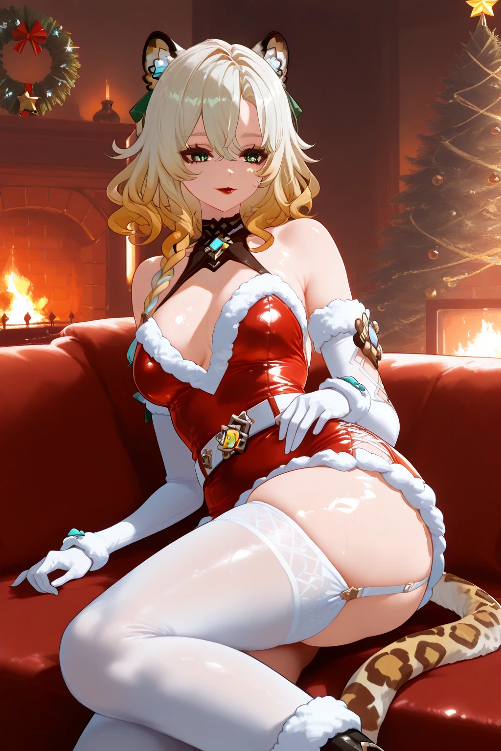 ultra-detailed, full-length, 1girl, solo, (beautiful face), detailed eyes, (Ideal body proportions), Xilonen\(genshin_impact\), medium breasts, multicolored hair, blonde hair, green eyes, braid, animal ears, tail, leopard tail, voloptuous, alternate costume, smiling, indoors, red sofa, fireplace, christmas tree, lying on side, red lips, sexy christmas outfit, short shiny red velvet micro dress, white fur trim, white gloves, elbow gloves, plunging neckline, cinched at the waist, shiny black belt, white thigh-high stockings, garter belts, high heeled boots covered in fur on top, bewitching thighs, gleaming, shiny, shiny skin, masterpiece, ((Anatomically correct))