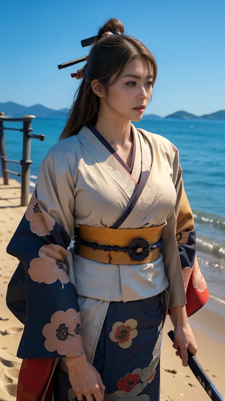  high res, masterpiece,  Anatomically Accurate,  Ultra Fine,  textured skin, woman、 big breasts、 PERFECT STYLE 、Maid、Swordsman、 Japanese Castle Towns、 in the middle of the night、 Astonishing Eye、 muscular、solo,  slender body at the excited beach、(((Breasted Samurai Kimono))),4K、Artistic, Cinematography, 