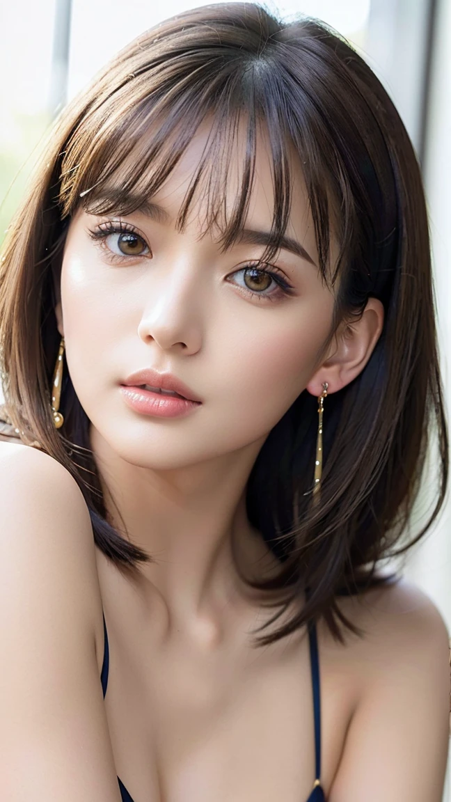 ((masterpiece, Highest quality, High resolution)), One Girl, (Realistic: 1.4), alone, White Background, snow-White Background, ((From above, A little above, look up at the viewer, look up, look up at the camera, Looking into the camera)), Mouth closed, Smile, Smile, Smile, Beautiful black hair, short hair, Big eyes, Transparent double eyelids, eyelash, Listen carefully, Long neck, Long neck, Absolute area, (Draw the whole head, shoulder), 19 years old, Attractive proportions, Shiny skin, Beautiful collarbone, Golden ratio face, Perfect Face, Tearful mole, Mole on chest, bangs:2, clean bangs:2, Lip gloss, Thin lips, Fair skin, naked, Big Breasts, Small face, Small face, Draw the whole head, draw all shoulder,