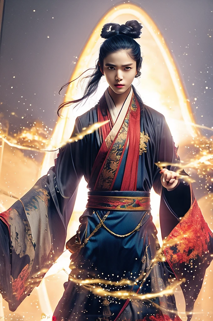 A towering and majestic figure representing Nan Wansheng from "Against the Gods" by Gravity Mars. He stands tall and athletic, exuding an aura of power and authority. Nan Wansheng has angular facial features with a strong jawline, piercing eyes that reflect determination and wisdom, and a serious expression. His hair is long, flowing black with subtle blue and silver highlights, cascading gracefully down his back in a slightly tousled manner with some strands loosely framing his face.

He is dressed in a blend of traditional Chinese attire and modern tactical gear. His outfit is predominantly black and gray, accented with silver and red details. The fabric is sturdy yet elegant, adorned with intricate dragon patterns and mystical symbols. He wears a utility belt with various pouches and accessories, including bracelets and a necklace that signify his status and abilities.

Nan Wansheng is depicted in a mystical battlefield setting, surrounded by mist-covered mountains and glowing crystals embedded in the rocky terrain. Ethereal energy swirls around him, enhancing his supernatural presence. He holds a sleek, enchanted sword that emits a soft blue glow, indicating its mystical power. Faint auras and dynamic energy effects highlight his abilities, creating an epic and otherworldly atmosphere.

The lighting is dramatic and cinematic, with highlights emphasizing his hair, the intricate details of his attire, and the mystical elements around him. The overall composition exudes strength, mystery, and an ethereal presence, capturing the essence of Nan Wansheng's character.
