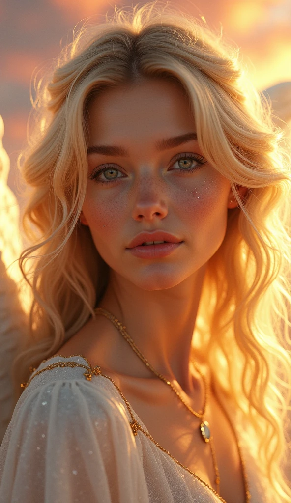 A hyper-realistic, macro close-up of a celestial female angel's face, focusing on the serene beauty of her features and the intricate details of her radiant wings. Her calm expression is sharply detailed, with soft, glowing skin and subtle golden highlights around her eyes, which reflect an ethereal light with intricate patterns of celestial hues.

Her flowing golden hair cascades gracefully, each strand vividly textured to add depth and realism. The delicate feathers of her wings are prominently displayed, glowing with a soft luminescence that shifts between shades of white and gold. The fine textures and subtle translucency of her gown, adorned with shimmering golden accents, emphasize the intricate artistry of her divine form.

Captured with a Nikon D850 camera and Laowa 100mm f/2.8 2X Ultra Macro APO lens, the image showcases unparalleled clarity and realism. Lighting is achieved using a ring flash diffuser, evenly illuminating her face and wings while eliminating harsh shadows. Rendered in 8K resolution with advanced HDR processing, the scene highlights every detail, from the sparkling dust particles in the air to the radiant beams of light from above. A softly blurred background of pink and orange sunset clouds enhances the focus on her celestial elegance, celebrating her divine presence in a dramatic and awe-inspiring composition.