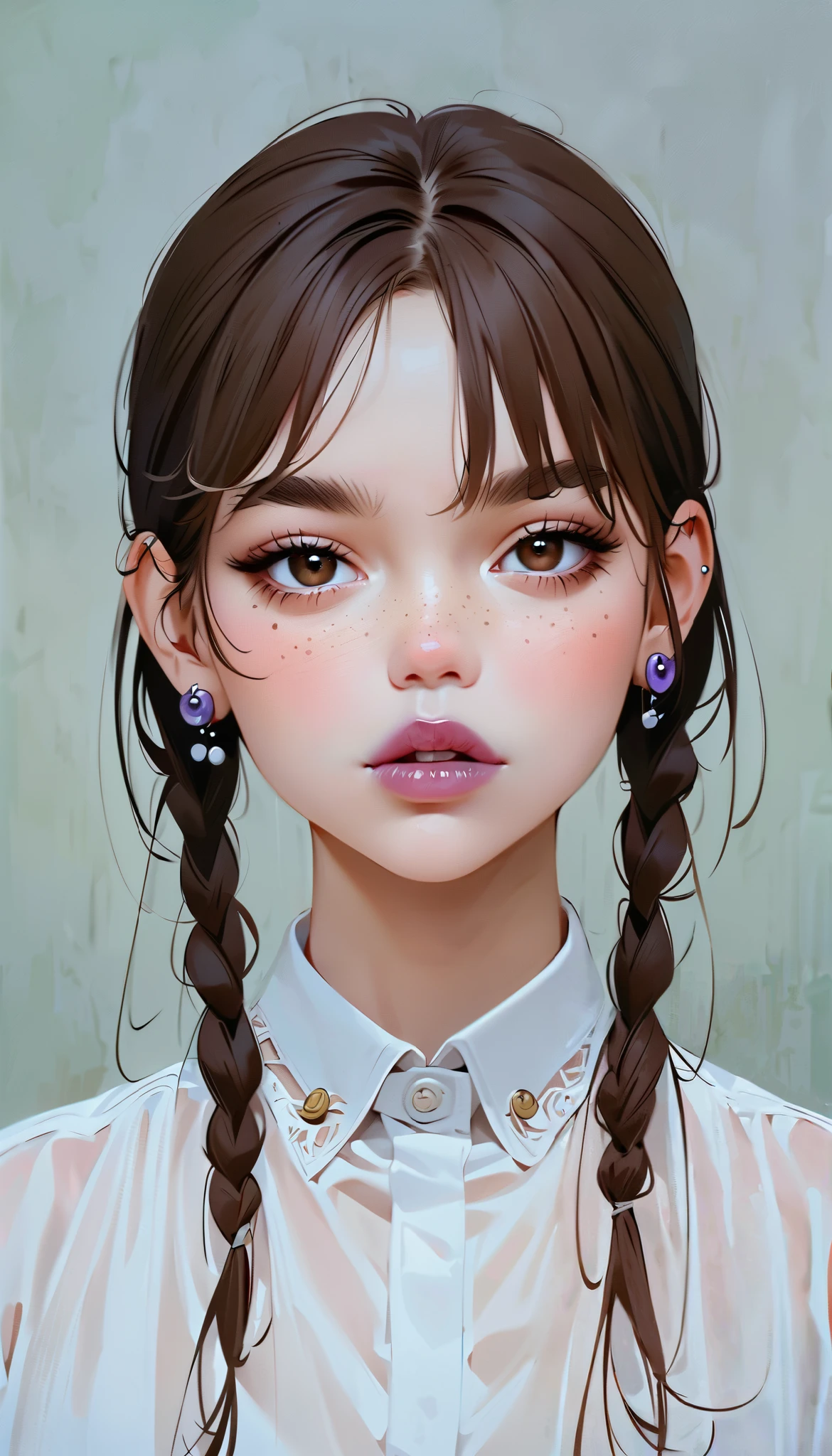 brown hair 、 brown eyes、Braided Pigtails、bangs、 thick eyebrows、 earrings for women with first name、Freckles、(masterpiece、 top quality : 1.2)、One depressed girl、 anime style、 Wednesday 、Purple Lips、 very white skin 、 looks bad、 in the style of famous portraitists、It looks sick、 viewers、Gray background。