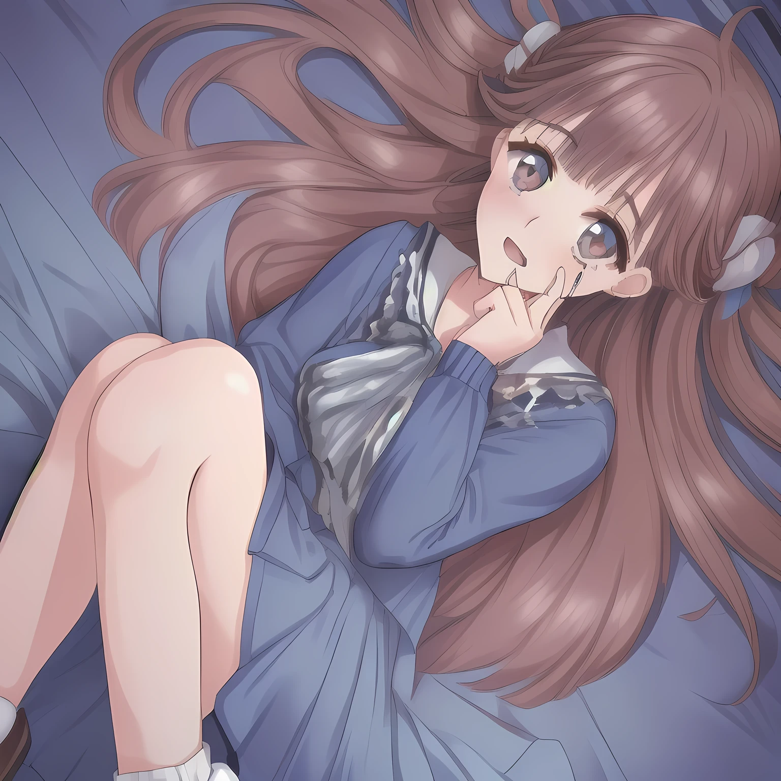 (highest quality, masterpiece: 1.6), (Too pretty intelligent girl with navy uniform is posing as a fashion magazine model with a perfect supreme smile, looking down elegantly and laughing at the viewer, Too Beautiful noble 18yo beautiful anime noble heroine, unbelievable beauty, beautiful giggling noble elegant 18yo neat anime heroine wares completely white neat blouse covered by navy-blue-expensive-blazer and navy-blue-checkered-pleats-school-skirt with metallic luster, the skirt should cover the knees to be neat, inviting me to the world of neat school-uniform pleasure, Noble Elegant blazer-style school uniform with prettiest blouse and blue-breast ribbon, beautiful legs with white socks, loafers: 1.5), (Anime-heroine's noble brown winked bewitching eyes are very narrowed due to extreme laugh.  Clearly double eye-ridged. The eyes have deep strong effect of allusion to the viewer: 1.6), (Eyes, face and hair are especially beautifully detailed and beautifully drawn: 1.8), (Girl whom everyone loves because of her beauty and lovely fashion and noble manner and magic-charm: 1.4), (Very beautiful, various, cute gorgeous rich dark black hair like seducing hair model, with elegant big yellow hair ribbons: 1.5), (Perfect style like a famous school fashion model: 1.2), (Clearly-detailed well-contrasted neat bewitching too-expensive atmosphere foreground: 1.8), (Dark-blue background: 1.9), (Viewer can't to stop falling into deep allusion by her beautiful seducing sweet pure soprano voice with extreme pleasure with high-class classic music: 1.8), (Take her laying full body prone shot and supine shot side by side. Only beautiful long legs can cross the center and can be intertwined: 1.5), (At last, clear many lines of condensed milk is clearly flying straightly rapidly and violently from a single point of bottom-center over her and dripped onto her face and skirt: 2.0)