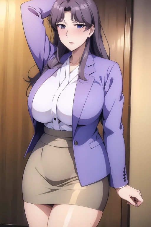 fujino ninno, light_taupe hair,wearing a lavender suit, skirt, white blouse,high quality,4k, orgasm face